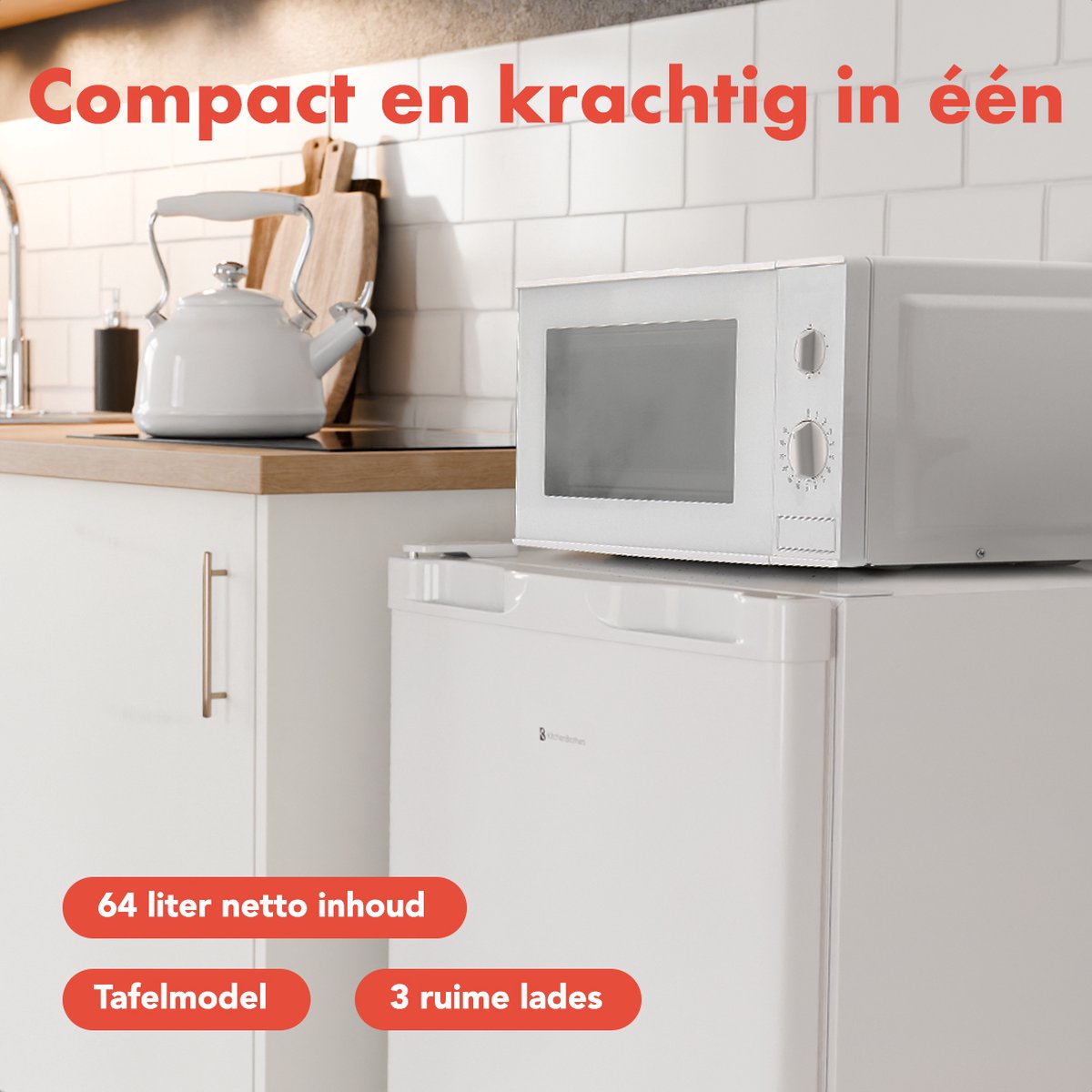 KitchenBrothers Diepvriezer - 64L - Compact Tafelmodel - 3 Vrieslades - Diepvrieskast - Vrijstaand - Wit