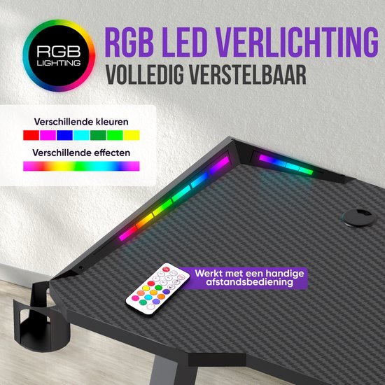 Avalo Gaming Bureau - 140x60x73 CM - Game Desk Met LED Verlichting - Gaming Desk - Tafel - Zwart