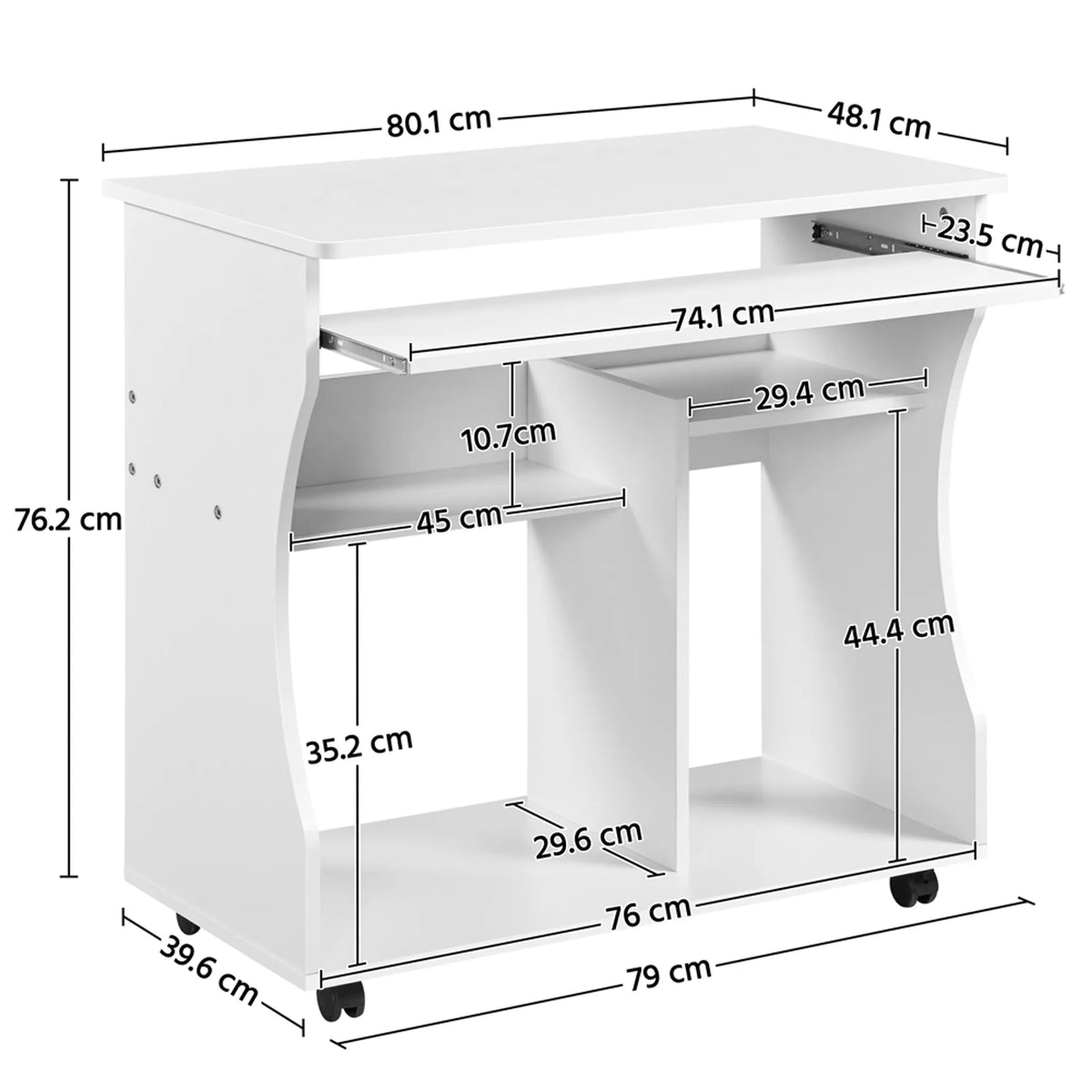 Yaheetech Computerbureau Op Wielen – Voorzien Van Uitschuifbare Toetsenbordlade En Twee Opbergvakken En Remfunctie – Voor Thuiskantoor En Slaapkamer – Wit Mdf En Metaal – 80 x 48 x 76 cm