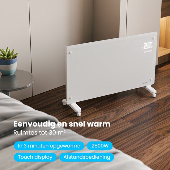 Auronic Elektrische Kachel – Convectorkachel met Thermostaat en Afstandsbediening - Paneelverwarming - tot 30 m² - 2500W Heater - Wit