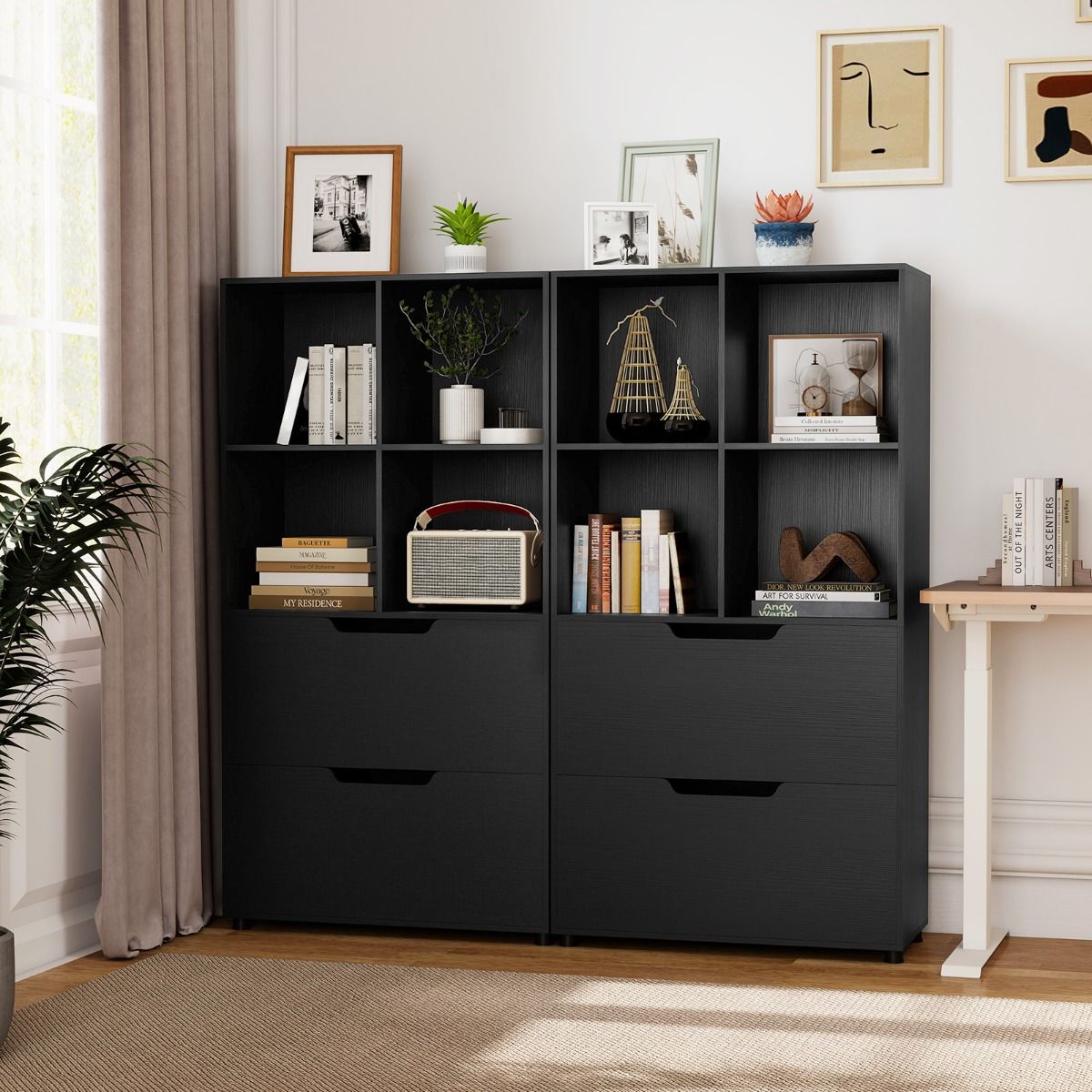 Coast Boekenkast - vier open planken - twee grote lades - zwart - 70 x 33,5 x 130 cm