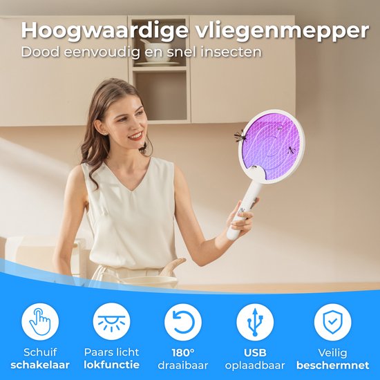 Nuvance Elektrische Vliegenmepper - 180° Draaigreep - Muggenlamp - Usb Oplaadbaar - Vliegenvanger - Muggenvanger - Uv - Wit