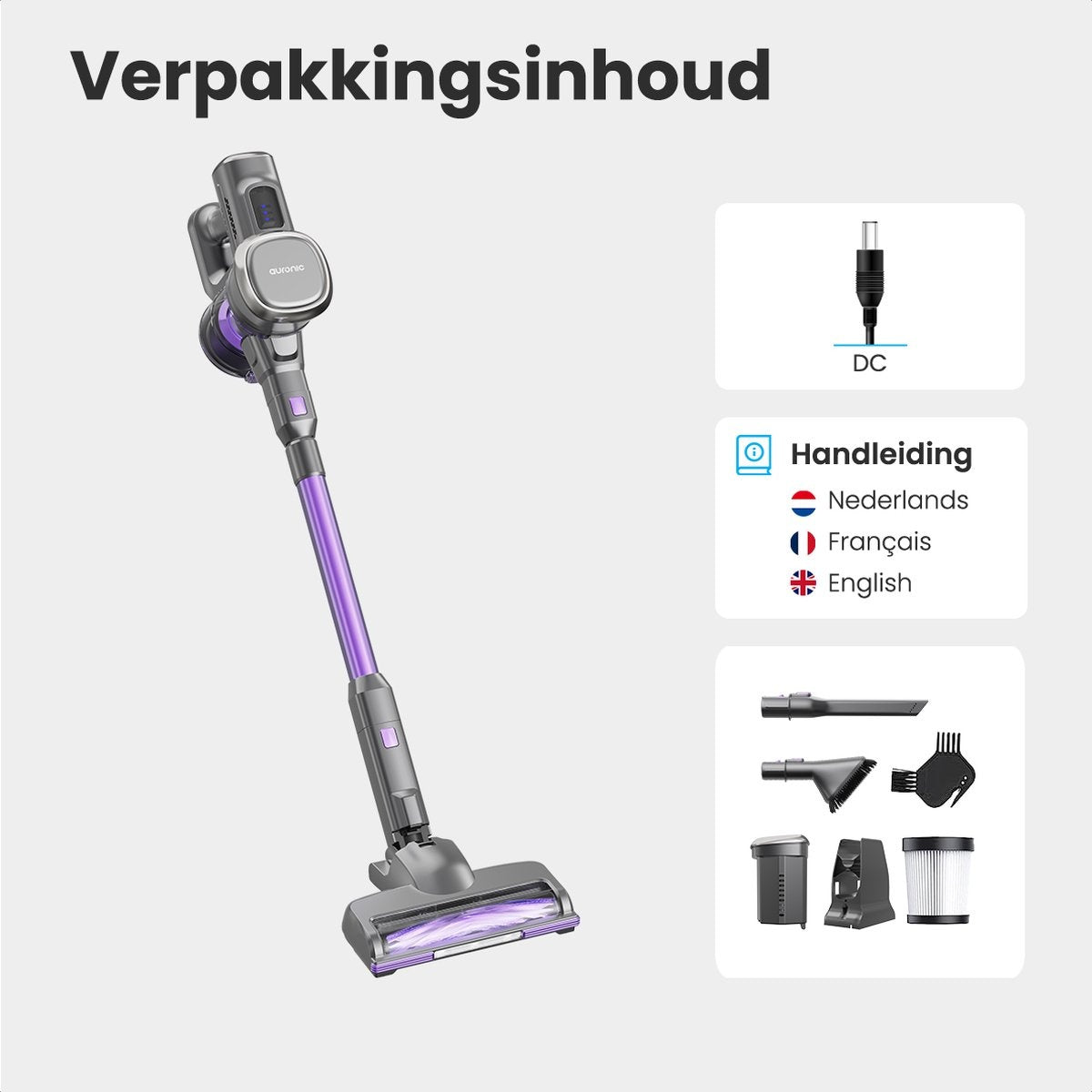 Auronic Steelstofzuiger - Zelfstaande Draadloze Steelstofzuiger - Zonder Zak - 220W - Vacuum Cleaner - Grijs/Paars