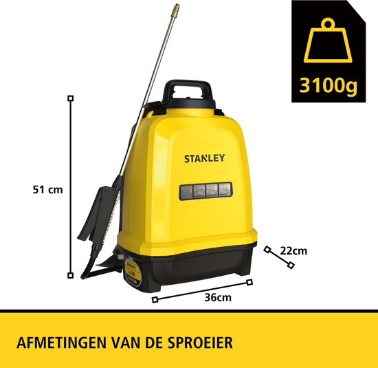 Stanley Druksproeier 12 L rug, rugsproeier tuin, drukspuit, elektrisch, heroplaadbare batterij lithium, telescopische lans, regelbare sproeikop, autonomie 2 h, max. 5 bar, 0.60 l/minuut, geel/zwart