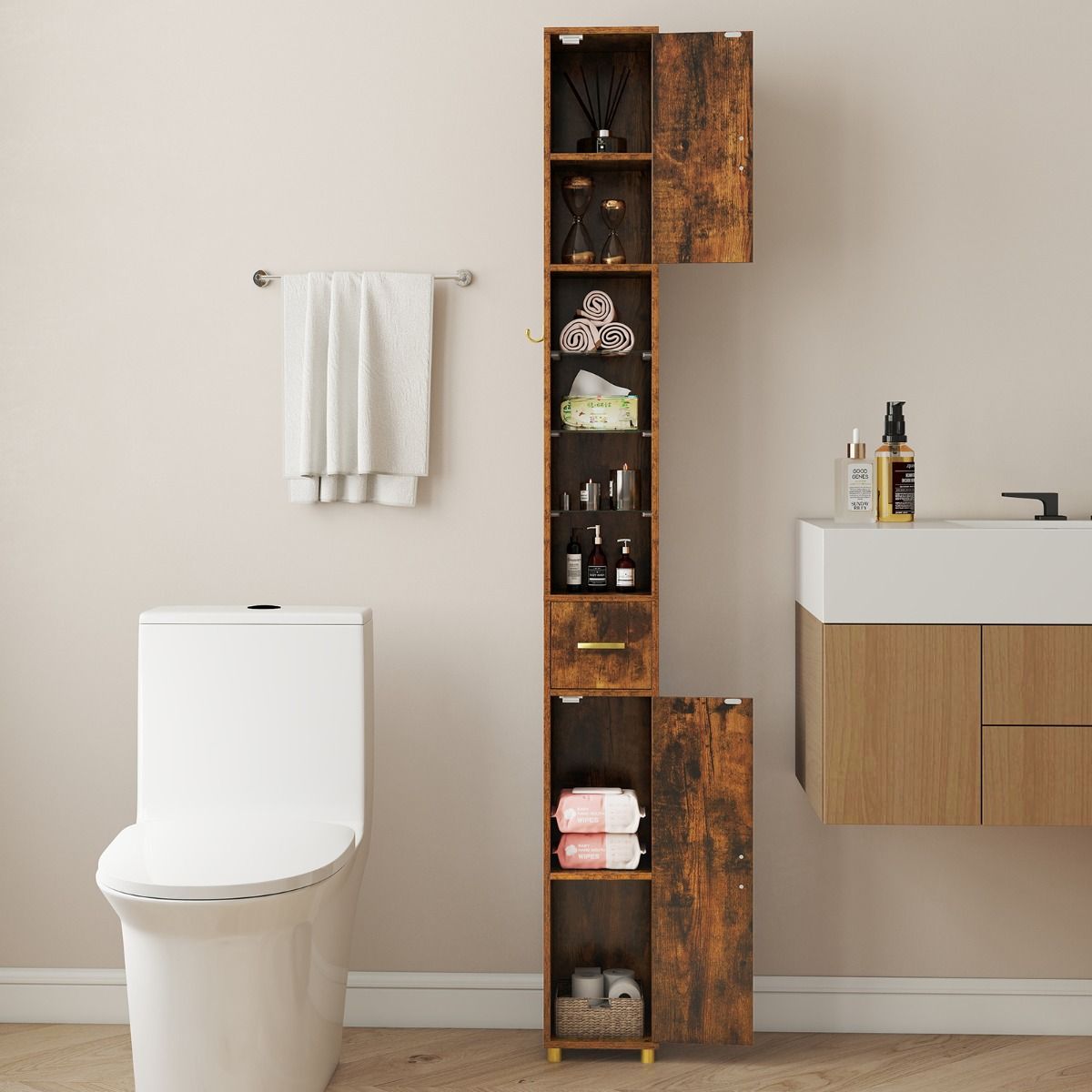 Coast Hoge Badkamerkast - smal ontwerp - met deuren en LED-verlichting - bruin - 20 x 20 x 181 cm