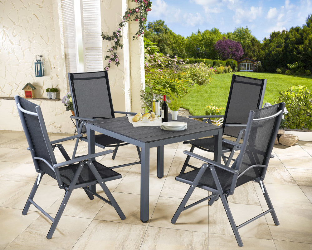Tuinset 4 + 1 Klapstoelen Tuintafel – Aluminium 80x80cm - Grijs