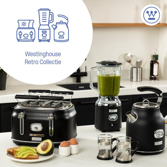 Westinghouse Retro Broodrooster – 2 Sneden – Extra Brede Sleuven – Warmhoudrek – 815W – Zwart