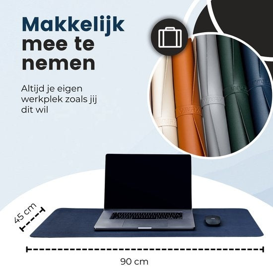 WURK Professionele Bureau Onderlegger Kunstleer – Bureau Organizer – Bureau Accessoires – Muismat XXL– Inclusief Kabel Clip – 90x45 – Blauw