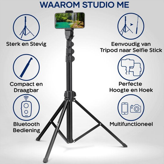 Studio ME Telefoon Statief - 170 cm - Tripod Smartphone - Zwart - Camera Statief - Telefoonhouder - Incl. Bluetooth Afstandsbediening - Tripod Iphone - Statief Telefoon