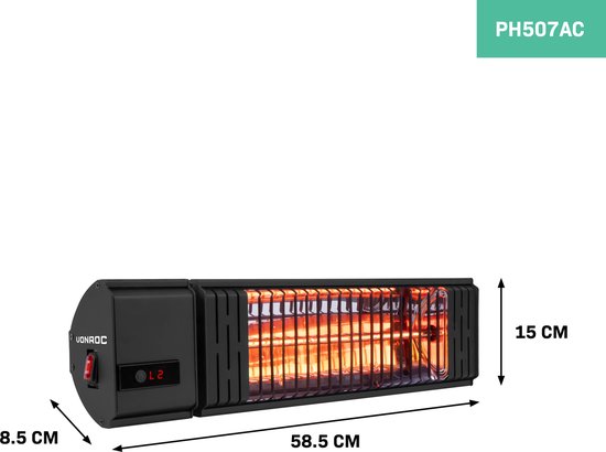 VONROC Sfeervolle terrasverwarmer – Volsini PRO – 2000W – Met instelbare warmteniveaus, timer, LCD-scherm en afstandsbediening
