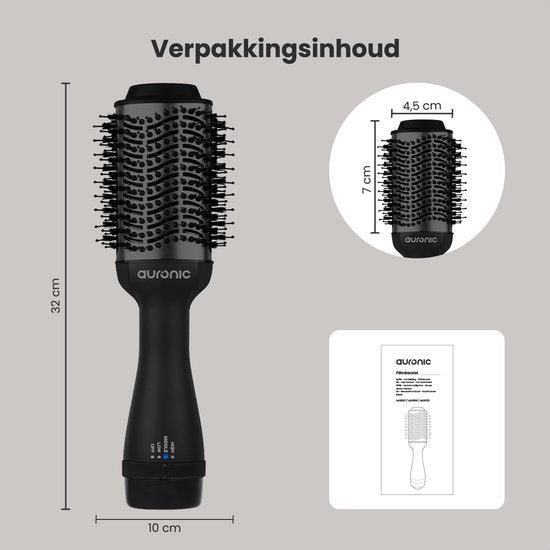Auronic 3-in-1 Föhnborstel - Airstyler - Lang - Stijl - Krullen - 45 mm Krulborstel - Keramische Magic Brush - 1000W - Zwart/Zwart