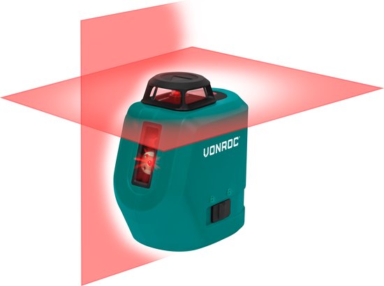 VONROC Kruislijnlaser – 360° - rood – 4V accu – 2600mah - zelfnivellerend – ±20 meter bereik - Incl. bevestigingsbeugel, USB-C kabel & opbergtas