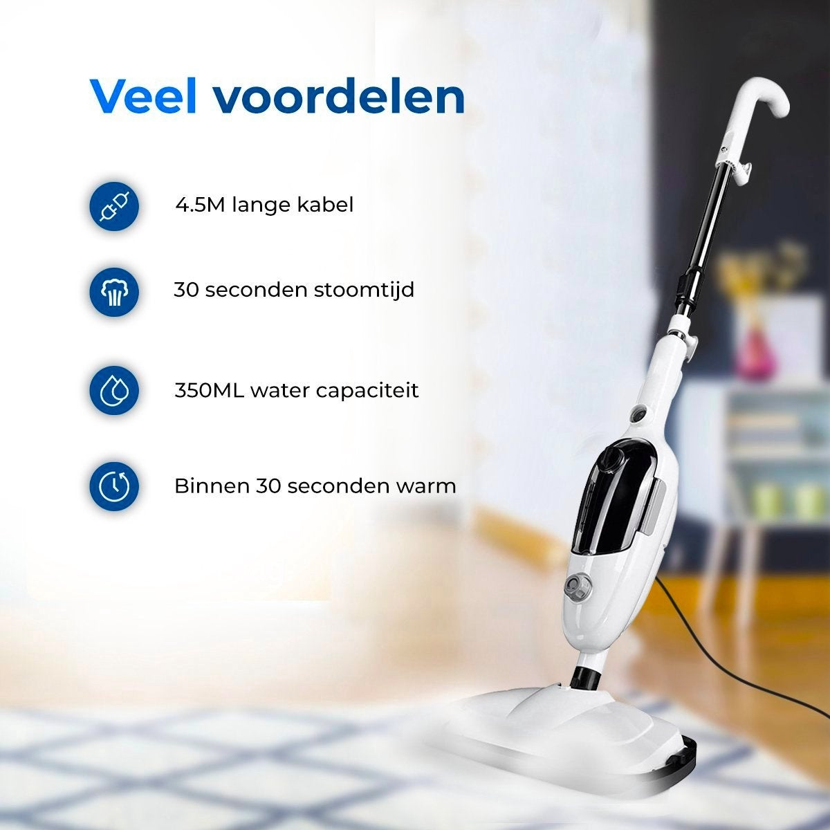 URGOODS Stoomreiniger – 2-in-1, Incl. 8 Opzetstukken & 400 ml Waterreservoir – 1550 W – 6 x 70 cm – Wit