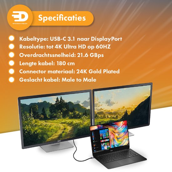 USB C naar Displayport Kabel - 8K 60Hz 4K 120Hz - Thunderbolt 3 - Geschikt Voor Apple / iMac / Macbook (Pro) - 1.8 meter