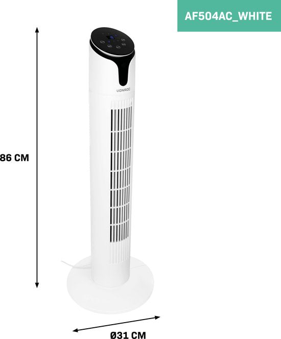 VONROC Luxe Ventilator - Torenventilator – hoogte 86 cm – Incl. afstandsbediening - 3 snelheden – zwenkfunctie - 15 uurs timer - wit