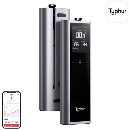 Typhur Sync One - 6-sensor probe - Draadloze vleesthermometer - BBQ thermometer - Bluetooth & WiFi - Waterdicht en hittebestendig - Batterijduur tot 50 uur - Slimme app-integratie - Compact met laadstation - Voor elke kookstijl