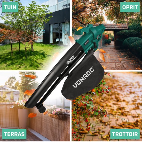 VONROC Bladblazer – Zuigen & Versnipperen – 3300 W – Incl. 40 liter Opvangzak – Zwart