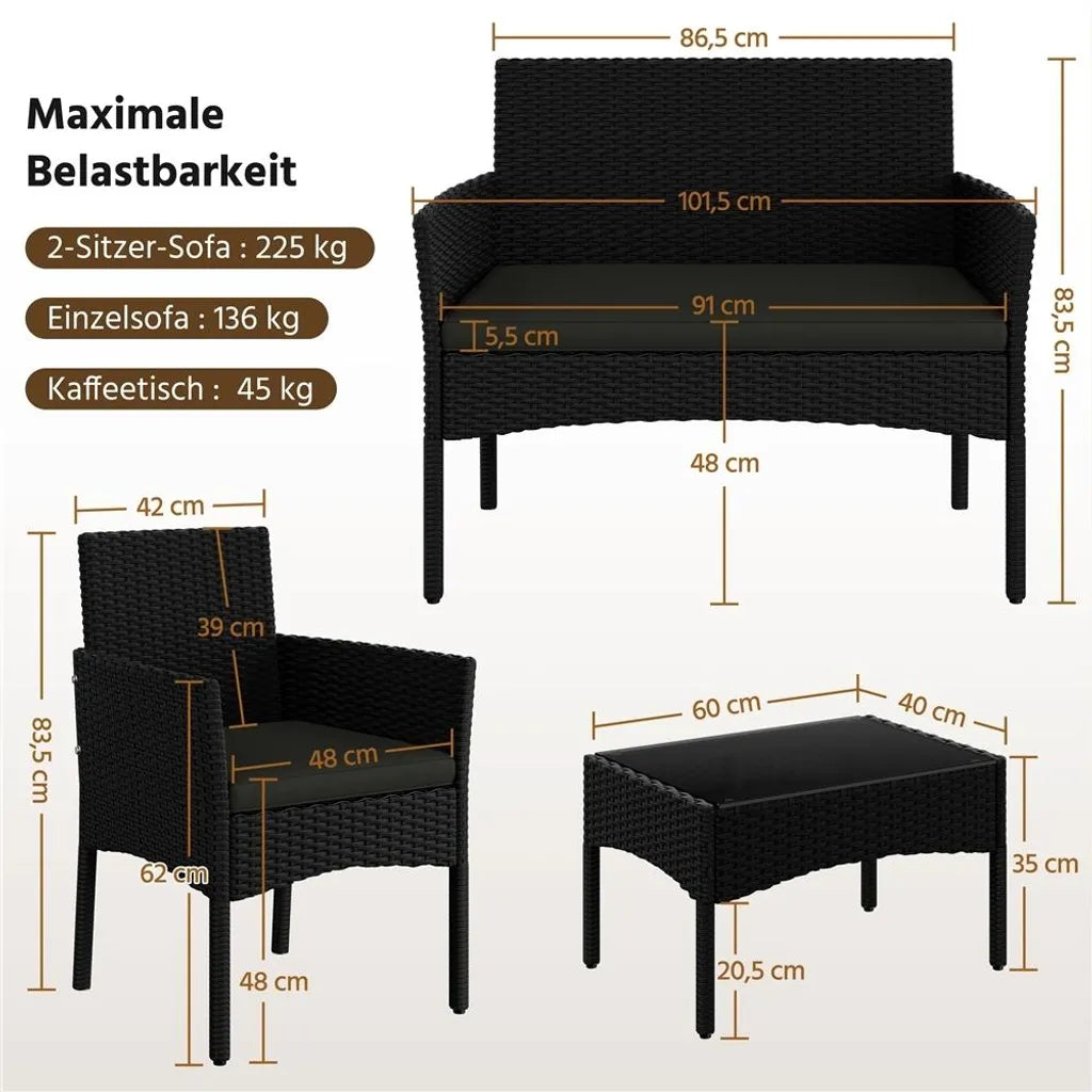 Yaheetech 4-delige Loungeset Tuin - Zwart/Grijs - Polyrattan Tuinmeubelset met 2-zitsbank, 2 Stoelen en Salontafel