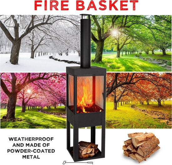 BBQ Collection Tuinhaard met Schoorsteen - Houtopslag - 194 x 44 x 47 cm - Carbon Staal - Zwart