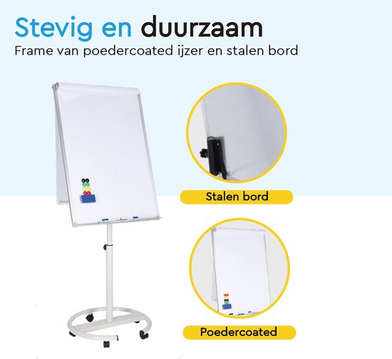 BRASQ Flipover Verrijdbaar Deluxe - 70x100 cm - Verstelbaar Whiteboard - Inclusief 25 vellen papier en accessoires - met Uitschuifbare Armen - Magnetisch bord met Haken - Magneetbord- Wit