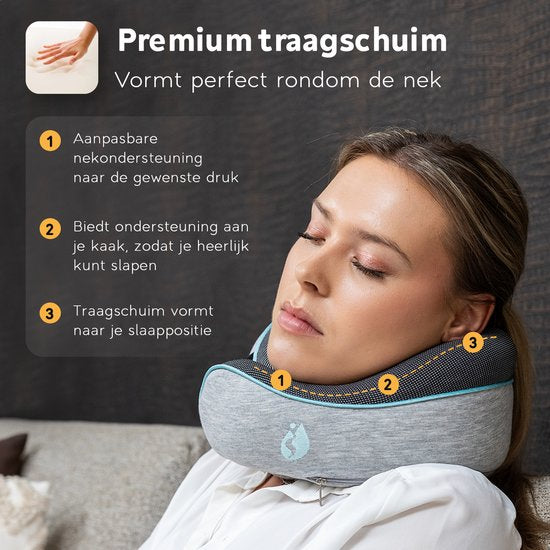 TRAVARA Nekkussen - Reiskussen - Voor Vliegtuig - Auto - Traagschuim - Memory Foam - Met Oordoppen - Grijs