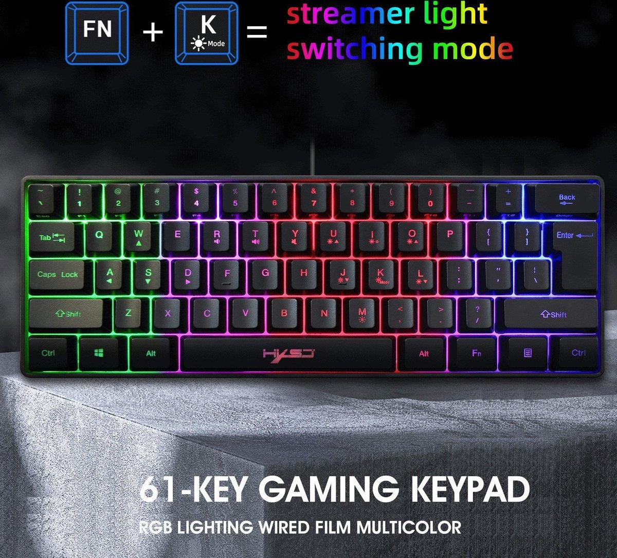 HXSJ V700 RGB Membraan bedrade gaming toetsenbord - 61keys - Qwerty - Zwart
