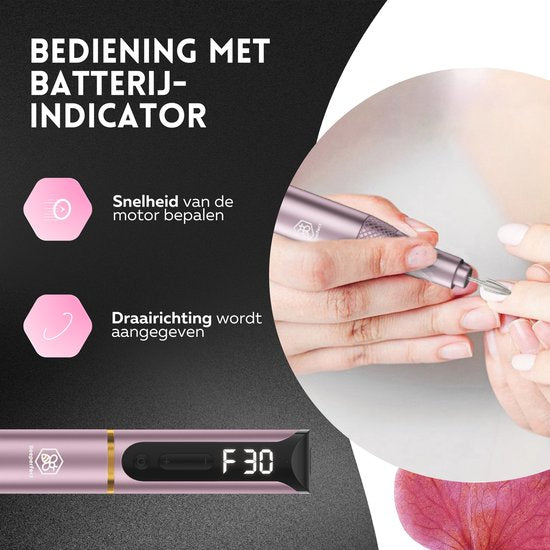 Beeperfect® Draadloze Elektrische Nagelvijl Pro Edition - Nagelfrees - Manicure en Pedicure set - Oplaadbaar - 11 Bitjes en 60 Schuurrolletjes - 30.000RPM - Roze