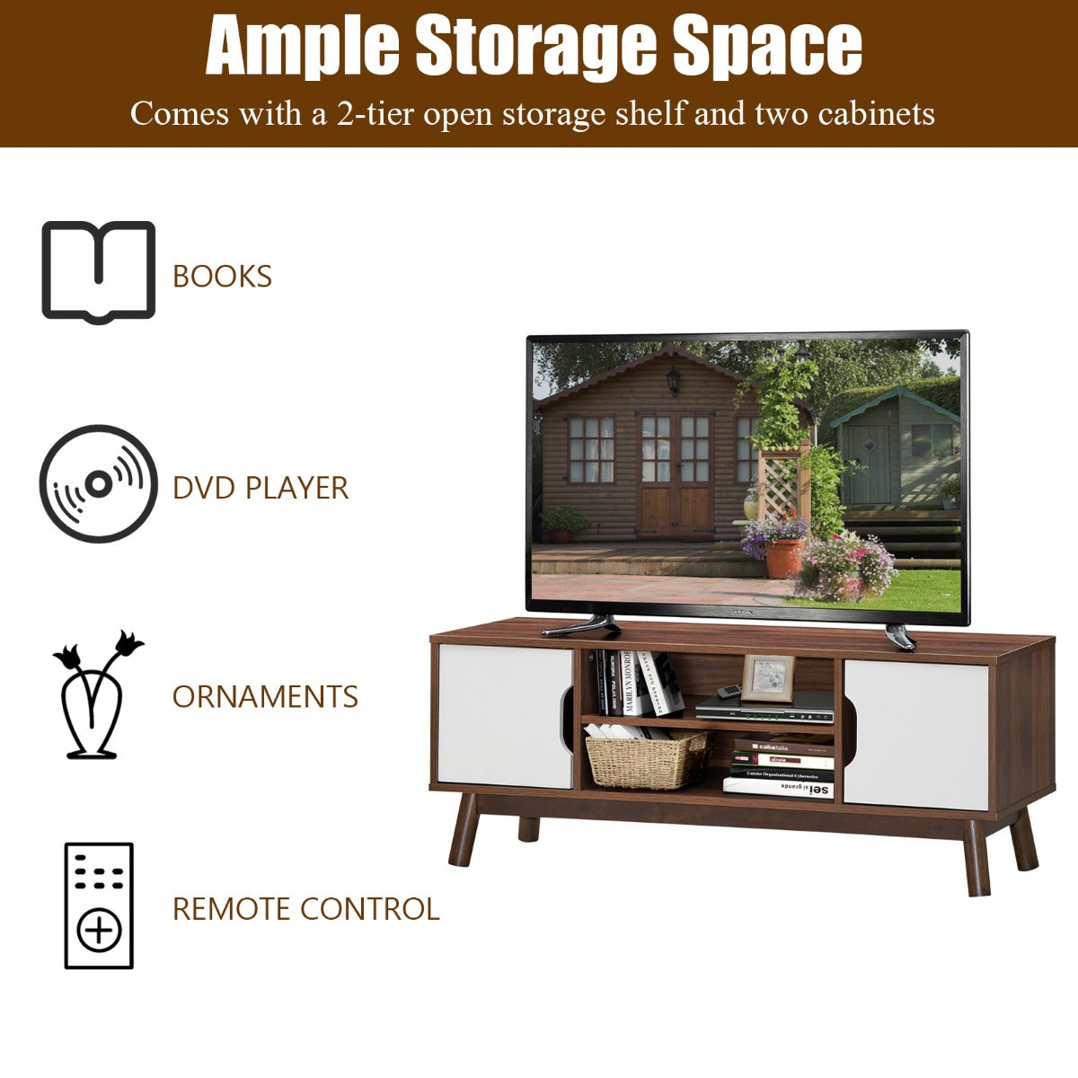 TV-Meubel In Industriële Stijl voor TV-Kasten tot 127 cm Modern Houten Multifunctioneel Opbergmeubel met Open Opbergplank (Wit)