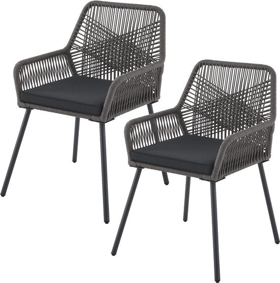 2 Stuks Tuinstoel Kastos met touwgaas - Grijs - Incl. Zitkussen