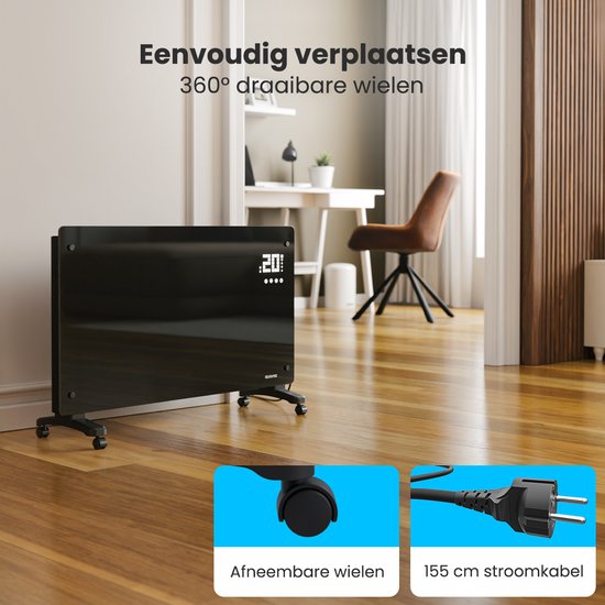 Auronic Elektrische Kachel – Met Thermostaat en Afstandsbediening - Glazen Paneel- 2500W Heater - Zwart