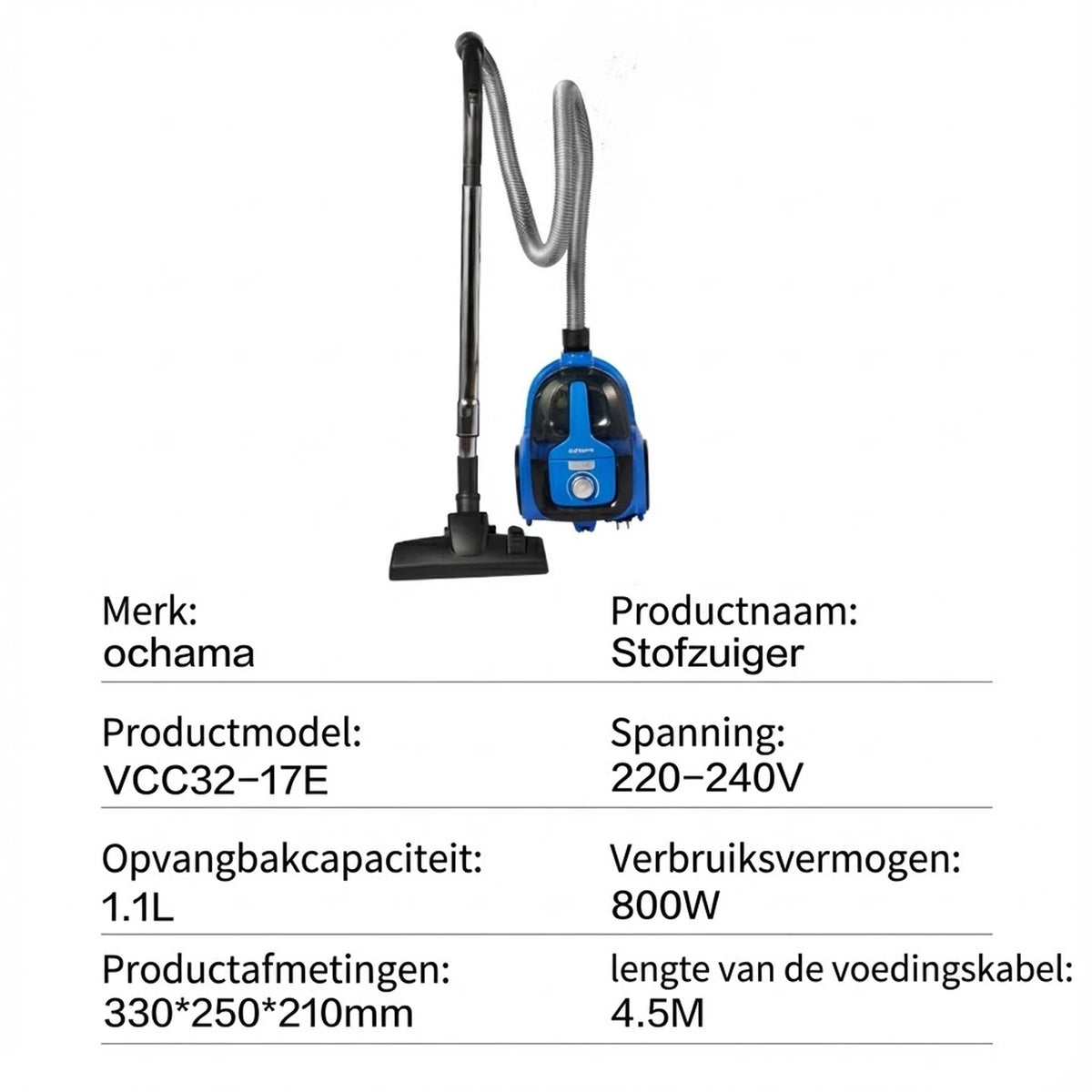 Ochama Multifunctionele Snoerstofzuiger 800 W – 17,5 kPa – 1,1 L – Automatische Snoeropwinder – Wasbaar Filter