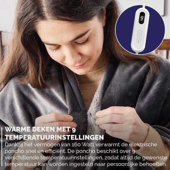 BREND BR-2220 Elektrische Deken en Poncho – Sherpa en Flanel Fleece Plaid – Warmte Cape - 160 x 130 cm - 9 Temperatuurinstellingen - Antraciet