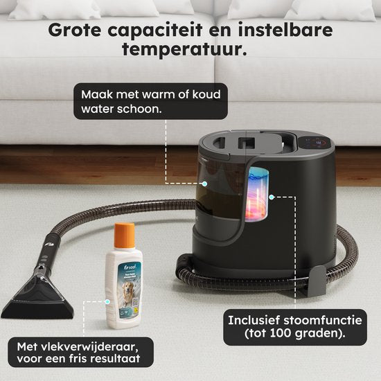 Vlekkenreiniger - 7-Delige Set - Tapijtreiniger Met Stoomfunctie - Inc. Vlekverwijderaar - Stoomreiniger - tot 100°C - Zwart - van Saaf