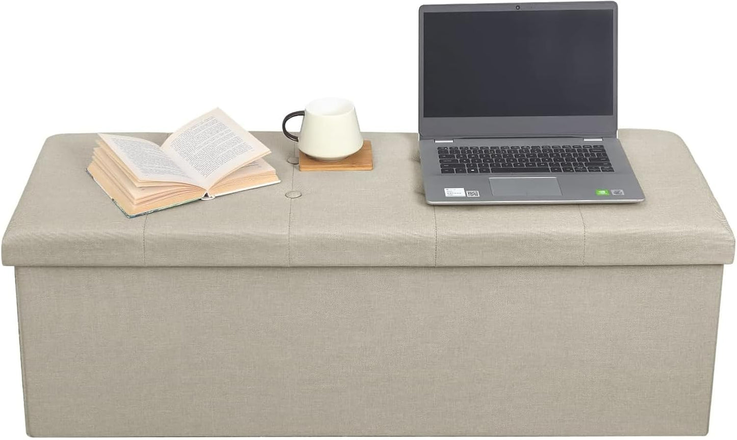 Woltu Opvouwbare Opbergbank met Opbergruimte - 118 Liter - 110 x 37,5 x 38 cm - Crème-Wit Linnen - Belastbaar tot 300 kg