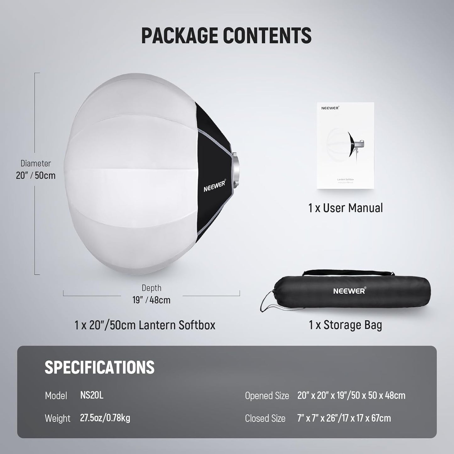 Neewer 50cm Lantaarn Softbox Wit - Quick Release 360° Lichtdiffuser met Bowens Mount voor LED Videolampen