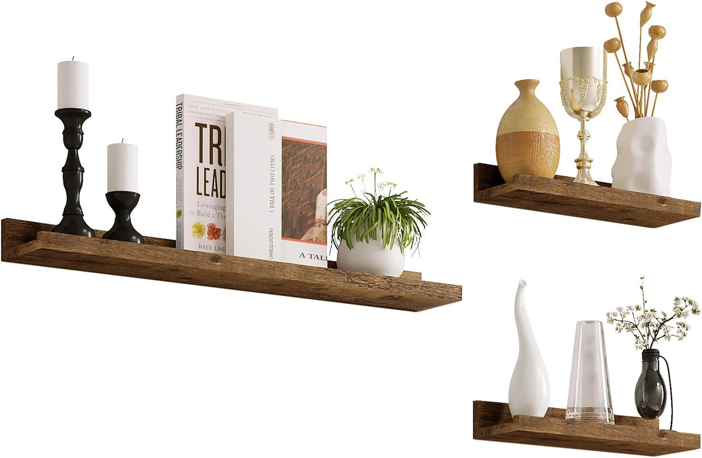 Woltu RG9491HOV Wandplanken Set van 3 - 60 x 10 x 5 cm - Vintage Bruin - Zwevende Fotoplanken met Opstaande Rand