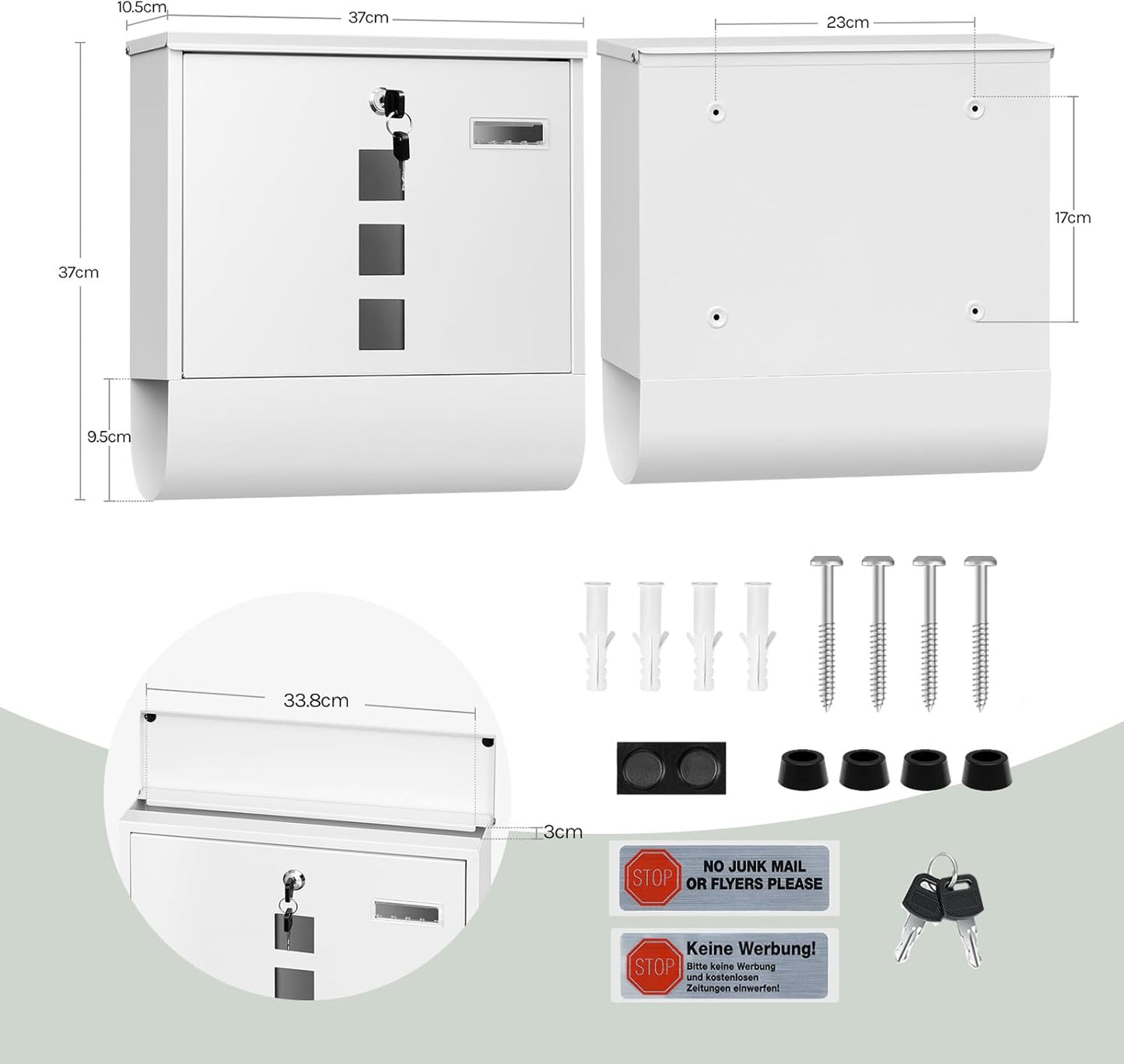 WOLTU Brievenbus Wit – 37 x 37 x 11 cm – Afsluitbare Wandbrievenbus met Krantenvak en Kijkvensters