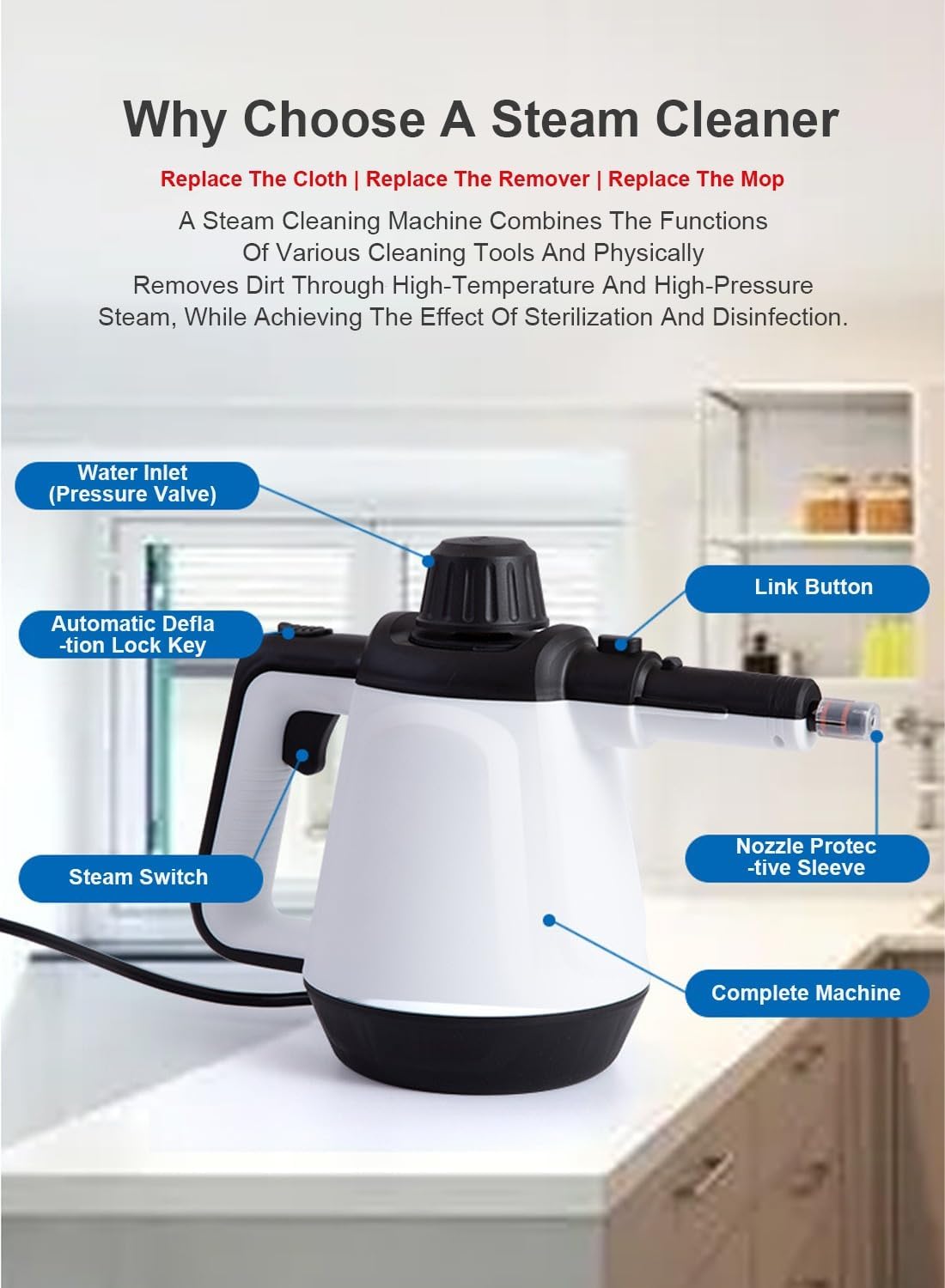 ETLIFE Steam Cleaner, 1200 W, 3 Bar Steam Pressure, 400ml Capacity Wit