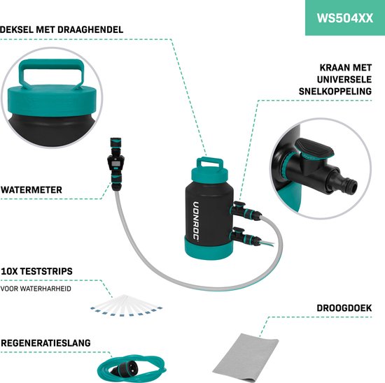 VONROC Waterontharder - draagbare ontkalker – onthardt 1000 Liter per regeneratie - Incl. Watermeter, teststrips voor waterhardheid, slangen & koppelingen