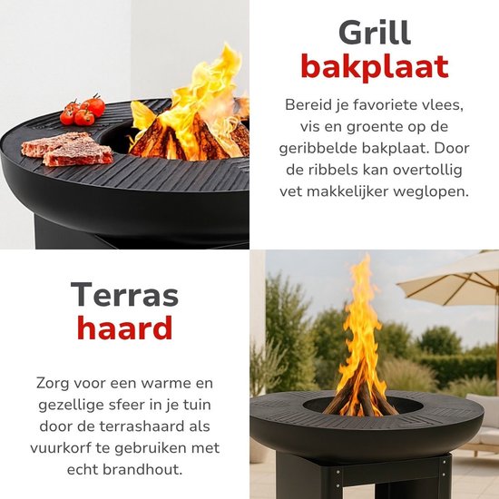 alpina 3-in-1 Vuurkorf en Grillplaat - Tuinhaard 61 x 90 cm - met Teppanyaki Bakplaat - Plancha BBQ met Brandhout Opslagplaats - Vuurkorf voor Buiten - Metaal