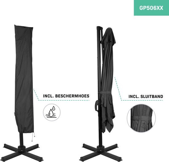 VONROC Premium Zweefparasol Pisogne 300x300cm – Incl. kruisvoet & beschermhoes – Vierkante parasol – 360 ° Draaibaar - Kantelbaar – UV werend doek - Zwart