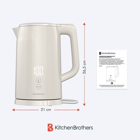 KitchenBrothers Waterkoker - 1.7L - Met Temperatuurregeling - Elektrisch - Warmhoudfunctie - Display - Dubbelwandig - Cool-touch - 2200W - Beige