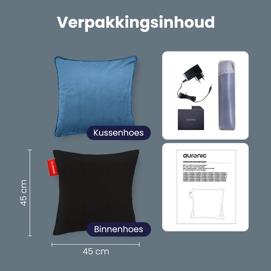 Auronic Warmtekussen - Velvet - 45x45 - Draadloos - Oplaadbaar - Elektrisch kussen - Infrarood - Blauwgrijs