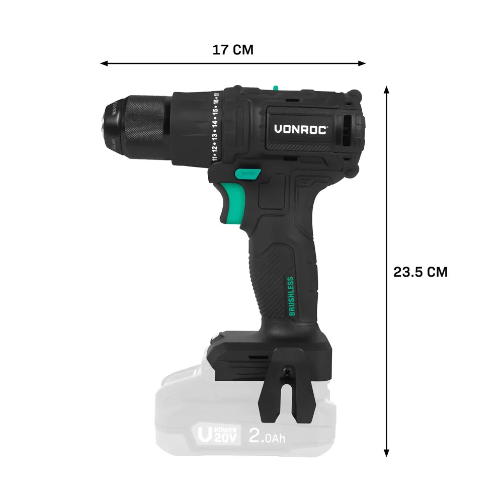 VONROC PRO Accuboormachine 20V – 40 Nm – Brushless motor - 17 schroefstanden + boorstand - Incl. 2 bits - Excl. Accu en snellader