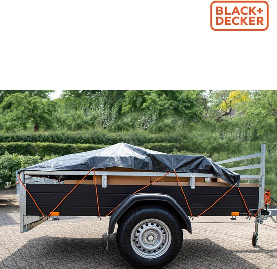 BLACK+DECKER Spanband 15 Meter - Incl. Spanband Oproller - Sjorband - Transport Touw - Elastisch Koord - met Reflecterende Delen - Transportbeheer - Nylon/ Kunststof - Oranje/Zwart