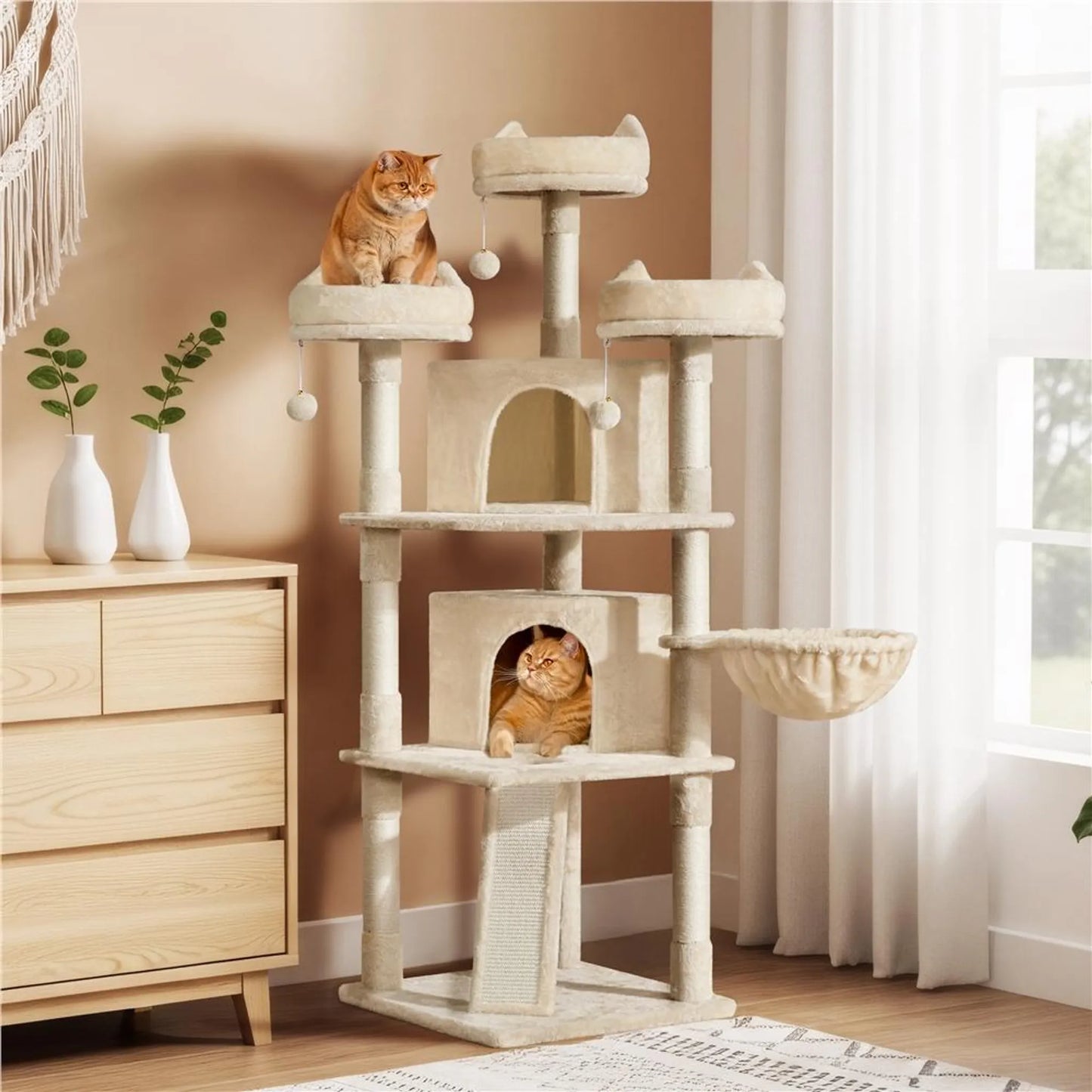 Yaheetech Krabpaal XXL Met 3 Uitkijkplatformen – Voorzien Van 2 Kattenholen En Krabplank En Anti-kantelsysteem – Voor Huishoudens Met Meerdere Katten – Beige Pluche En Sisal – 55,5 x 55,5 x 175 cm