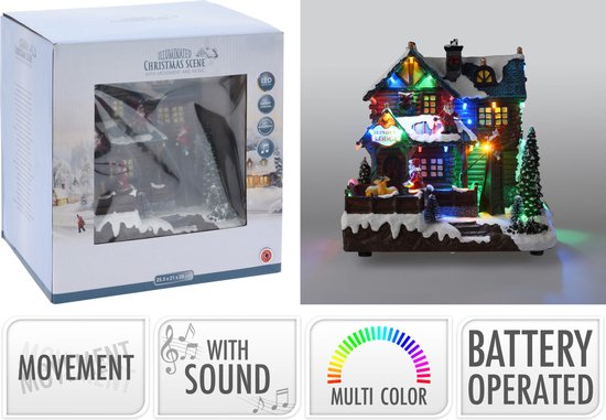 Kerstdorp huis - met beweging, led verlichting en muziek - 25 cm - poliresin