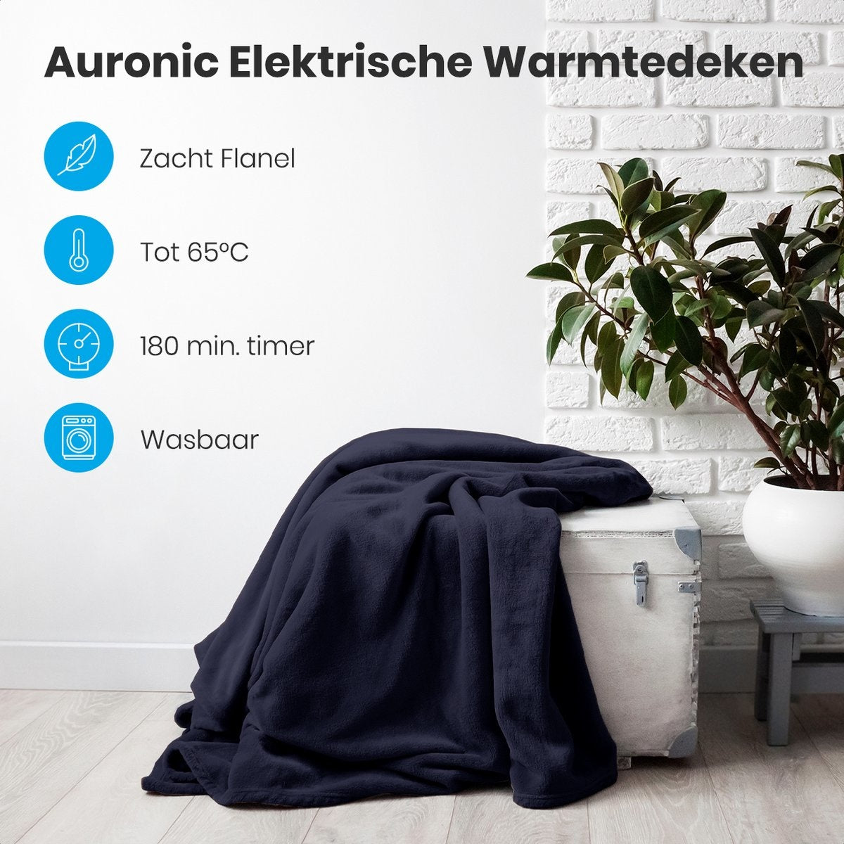 Auronic Elektrische Warmtedeken - Bovendeken - 2 Persoons - 3 Warmtestanden - Met Timer - 200 x 180 cm - Blauw