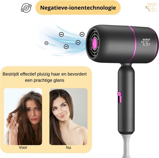 BAESS Föhn met diffuser - Reisföhn Inklapbaar - Ionische Haardroger - 2000W - Coolshot - Krullen - Haarföhn - Hair Dryer - Grijs