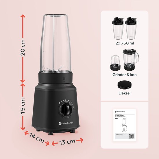 KitchenBrothers Blender - Complete Set - 2x 750ml Kan - Grinder - Stamper - To-Go Bekers - Zwart